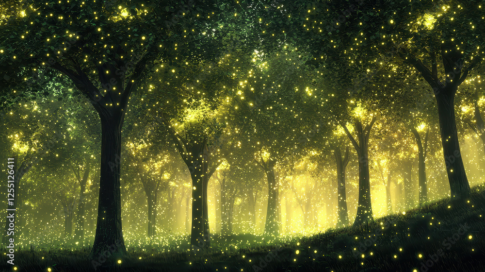 Poster interconnected forest of glowing trees symbolizing ai processes powered by renewable green energy in
