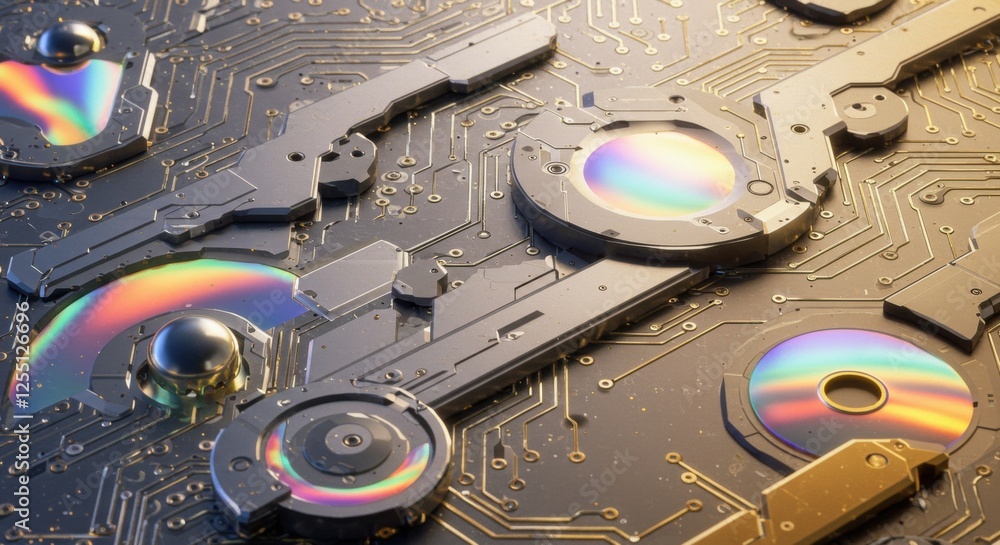 Poster futuristic circuit board with holographic disks and metallic components