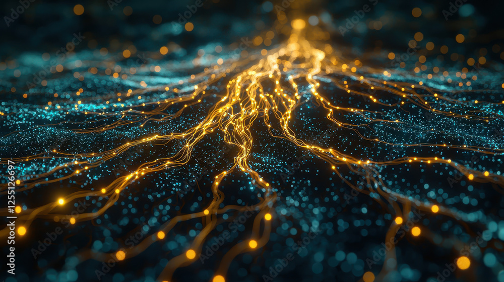 Poster intertwining tree roots and glowing nodes represent green ai intelligence in a highly detailed and c
