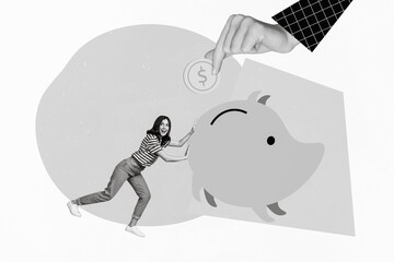Artwork creative collage photo of young business lady pushing piggybank collect money nft tokens become rich isolated on painted background