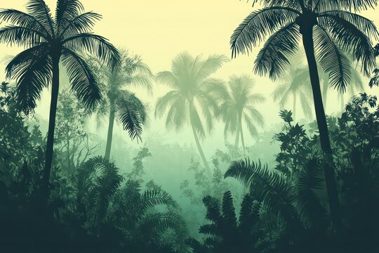 A dense jungle scene with towering palms and ferns, silhouetted against a soft gradient sky.