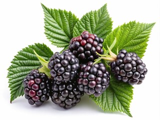 Fototapeta premium Fresh Blackberries with Green Leaves isolated on white background, A close-up of fresh blackberries with vibrant green leaves on a clean white background, showcasing ripe fruit and natural texture. 