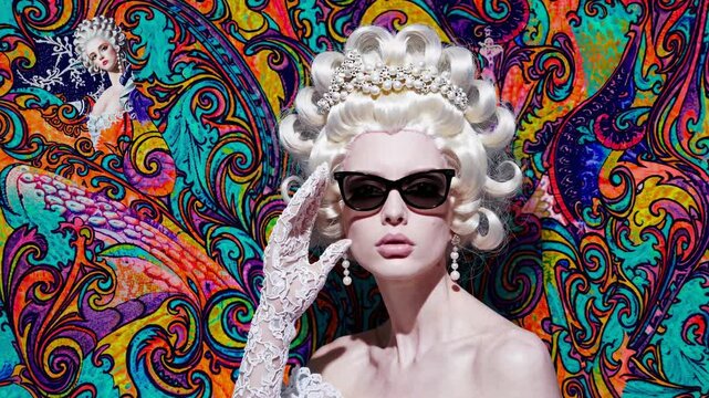 Platinum blonde woman with an elegant hairstyle, wearing sunglasses and lace gloves, poses against a vibrant psychedelic backdrop for a striking fashion portrait