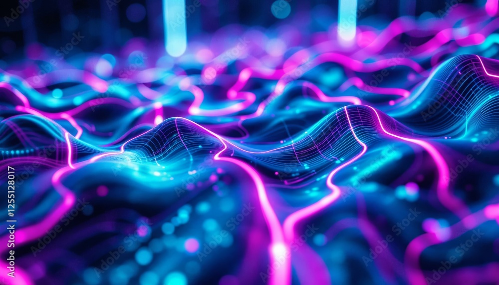 Poster vibrant data landscape with luminescent topography and glowing nodes