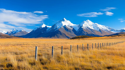 Autumnal grassland, snow-capped mountains, fence, sunny day; travel poster