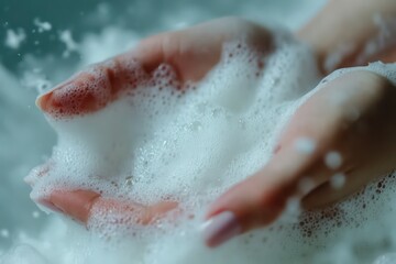 Fototapeta premium A detailed close-up of a womanâ€™s hand squeezing a bottle of washing foam, with fluffy white foam emerging.