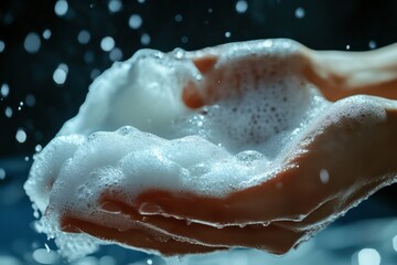 Fototapeta premium A detailed close-up of a womanâ€™s hand squeezing a bottle of washing foam, with fluffy white foam emerging.