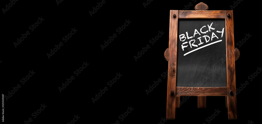 Aufkleber closeup of a blackboard on a wooden easel (tripod) with the text written in chalk, black friday in e
