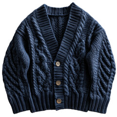 A cozy, chunky knit cardigan in a deep navy blue, featuring a V-neckline and textured cable patterns with multiple buttons down the front.