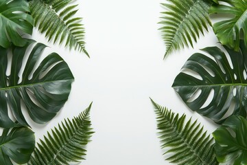 A detailed close-up of tropical foliage with monstera, banana leaves, and ferns, arranged in a symmetrical pattern on a plain white background.