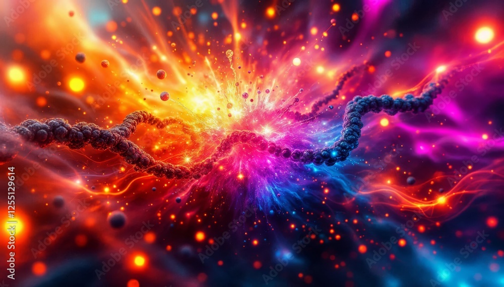 Poster vibrant explosion of molecular strands and luminous particle interaction