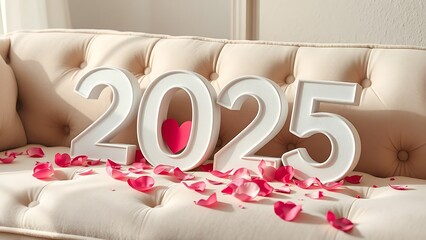 Number 2025 on a couch of soft petals valentines day