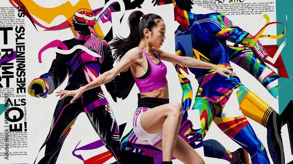 Poster energetic athletes running and jumping amidst vibrant, dynamic shapes and patterns, generating a thr