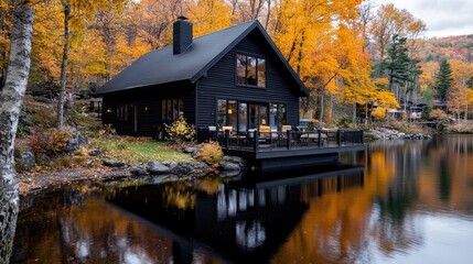 Obraz premium Black cabin on lake with fall foliage, tranquil autumn scene, ideal for vacation rental