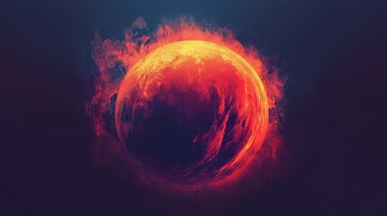 Fiery Orange and Red Orb with Smoky Textures Against Deep Blue