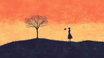 Silhouette of a Girl and a Bare Tree at Sunset, a Watercolor Painting of Solitude and Longing