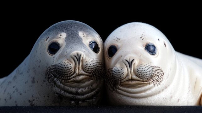 Close-up of two harbor seal pups, side-by-side, against a black background. Suitable for educational resources, nature documentaries, or zoological publications