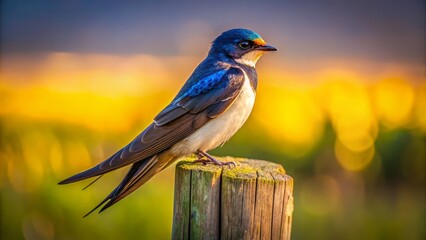 Vibrant Swallow Bird Perched on a Weathered Wooden Post at Sunset