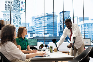 Team of HR workers implementing diversity and inclusivity recruitment strategy for company, hiring...