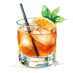 Watercolor Old Fashioned Cocktail Illustration