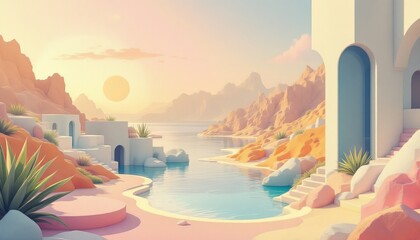 Obraz premium Serene architecture in pastel shades next to calm waters under a glowing sun, evoking relaxation and scenic beauty through vibrant colors.