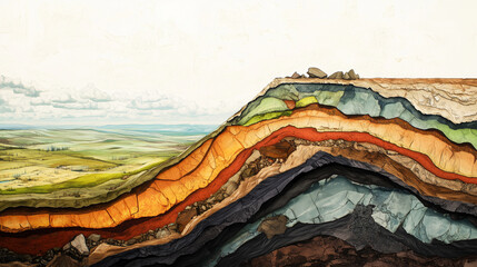 Geological cross-section of the Earth showing different layers of soil with deposits of minerals such as coal, oil, iron ore, and rare earth metals