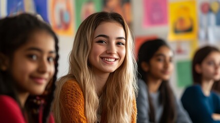 Smiling Female Students Engaged in Classroom Activity Together