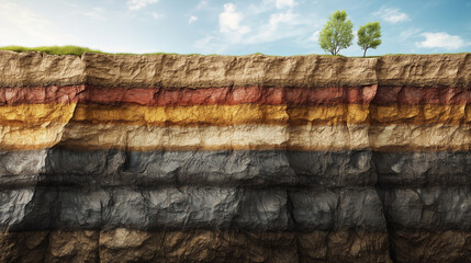 Geological cross-section of the Earth showing different layers of soil with deposits of minerals such as coal, oil, iron ore, and rare earth metals