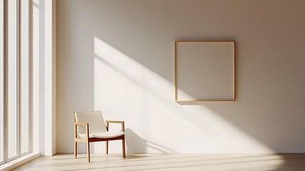 Modern minimalist room with chair and empty frame, sunlit interior
