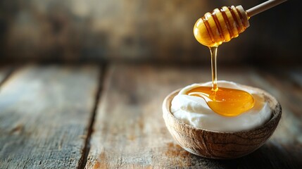 A spoon drizzling golden honey over a Greek yogurt parfait, with a soft-focus effect on a rustic wooden background