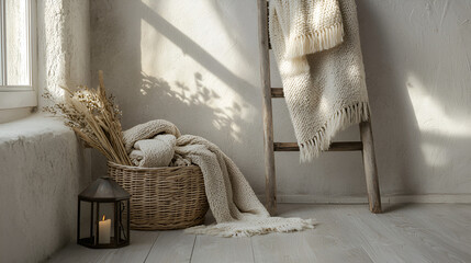 Cozy corner with soft blankets, a decorative ladder, dried flowers, and a warm candlelight glow.