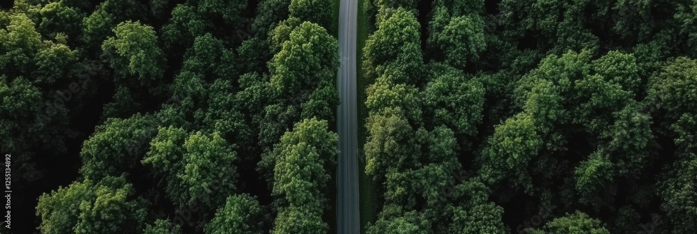 Poster straight road winding through dense green forest inviting exploration and adventure on a sunny day. 