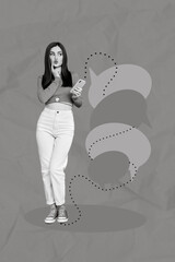 Vertical collage image of minded tricky girl finger touch chin hold telephone look dialogue bubble...