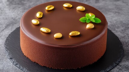 Round chocolate cake with glossy dark chocolate frosting, decorated with edible gold colored sprinkles and small nuts. Dark gray slate plate. Elegant