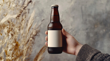 Hand holding a blank label beer bottle mockup on a grey background