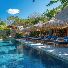 Tropical resort poolside relaxation; ocean view background