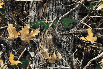 Real-tree camouflage pattern, with tree branches and foliage in the background with solid brown color background