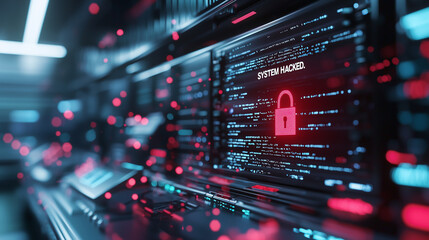 <Server Room Under Cyber Attack Warning Alert Displaying System Hacked>