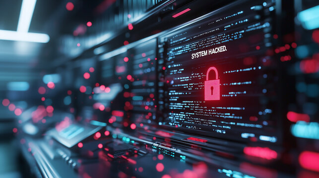 <Server Room Under Cyber Attack Warning Alert Displaying System Hacked>