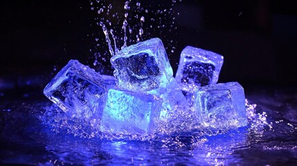 Glowing ice cubes splashing in dark water