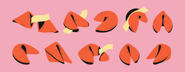 Set of fortune cookies with prediction paper. Traditional Chinese flowerless wisdom cookies. A fun lottery with a surprise in a crispy dessert. Vector illustration retro style 80s