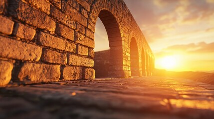 A stunning sunset illuminates a brick archway, casting warm golden hues on the textured stones, creating a tranquil and beautiful landscape.