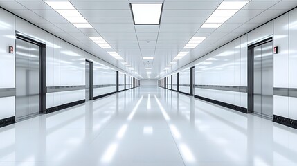 Bright Empty White Corridor or Gallery Hallway Backdrop with Vanishing Point and Copy Space