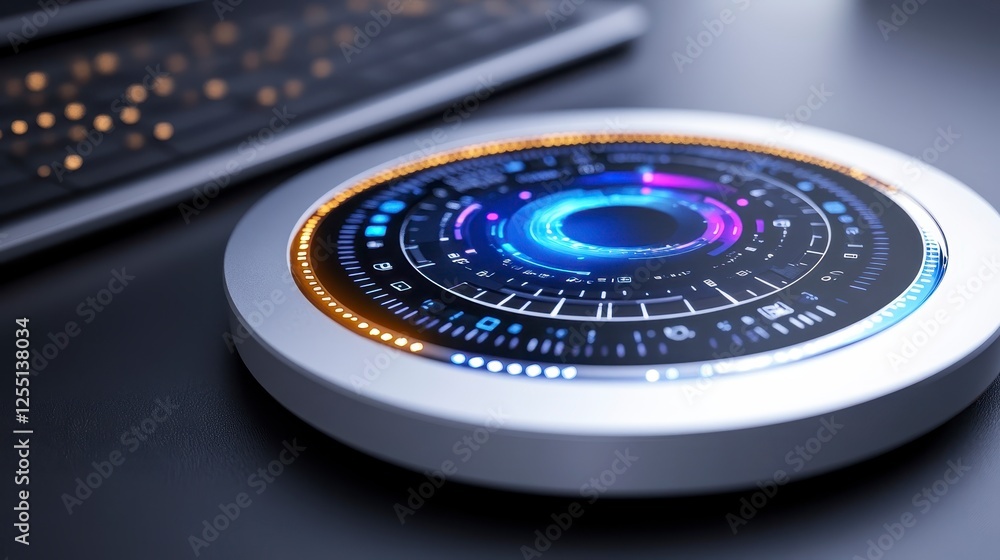 Poster futuristic circular interactive display device, with glowing multicolored rings, overlaid on a dark 