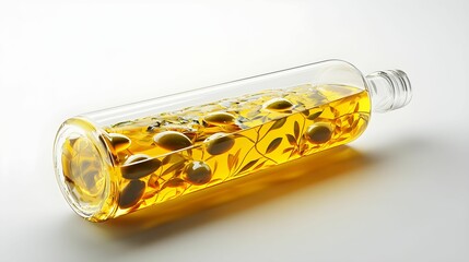 Naklejka premium Olive oil bottle with herbs and olives photographed on a white background