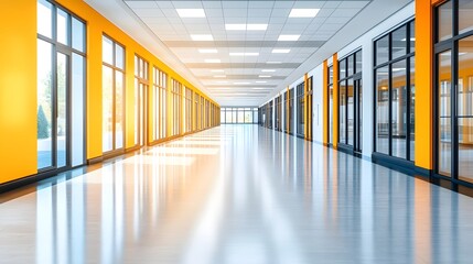 Fototapeta premium Bright Minimalist Glass Walled Corridor of Modern Business Office Building