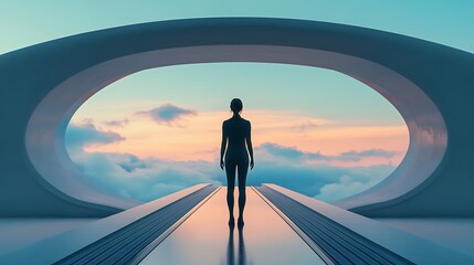 Woman Engineer Standing in Futuristic Space with Sky and Clouds Background