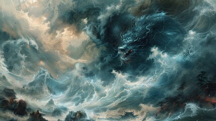 Mythical creatures. Japan myth. Susanoo-no Mikoto, a towering figure of untamed power, stands amidst a chaotic maelstrom of swirling clouds and raging winds . storm god in Japanese mythology