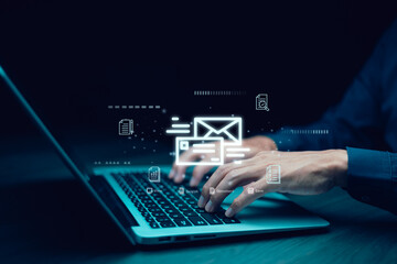 Businessman sending email by laptop computer to customer, business contact and communication, email...