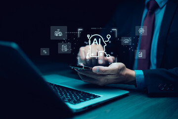 Programmer people working laptops or smartphones with AI, artificial intelligence software engineer coding on laptop computers with technology icons and binary code, big data, Ai bot digital machine